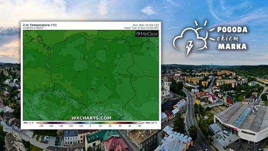 Widok z drona na centrum Gorlice i mapa pogody Polski