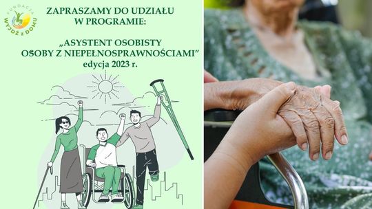 kobieta na wózku inwalidzkim i plakat akcji fundacji wyjdź z domu