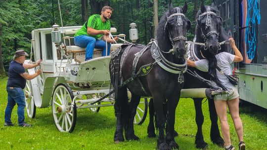 powóz z końmi, wsiada woźnica na niego, dziewczyna trzyma konie za uzdę