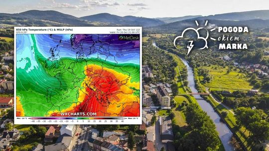 Widok z drona na centrum Gorlic i mapa pogody Polski