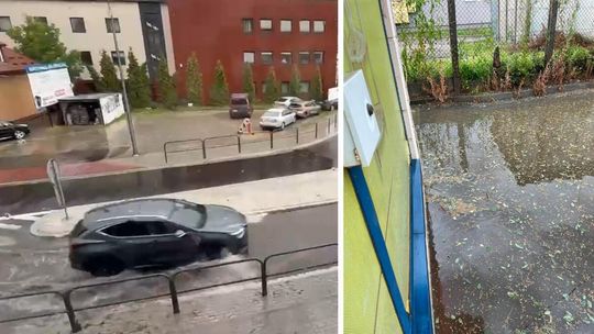Pierwsza burza na nowym rondzie. Woda zalała jezdnię i parkingi [FOTO/VIDEO]