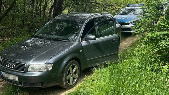 Pijany i naćpany mężczyzna uciekał audi. Pościg zakończył się w lesie zdjęcie przedstawia samochód i radiowóz stojący w lesie