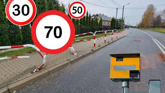 zdjęcie przedstawia ulicę w mieście, powyginane bariery przy chodniku, grafika znaków ograniczenia prędkości