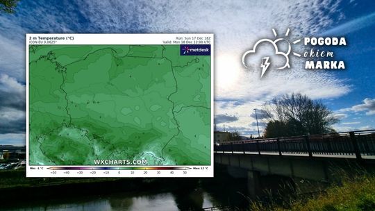 widok na niebo z chmurami nad gorlicami, na pierwszym planie mapa pogody polski