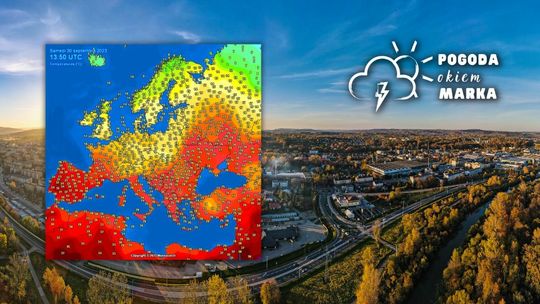 Widok z drona na Jarmark Pogórzański w Gorlicach i mapa pogody Europy