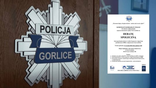 logotyp policji gorlickiej, a z prawej strony plakat z zaproszeniem na spotkanie