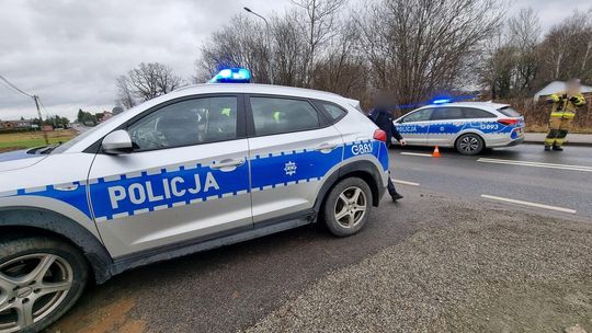 zdjęcie przedstawia dwa radiowozy policji, obok policjant i strażak