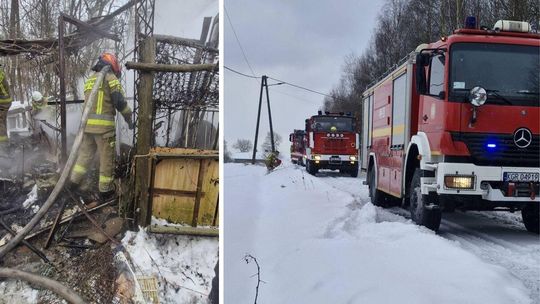 zdjęcie przedstawia strażaka i wozy strażackie na drodze pokrytej śniegiem