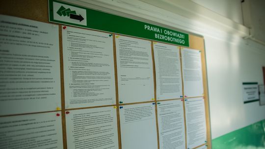 zdjęcie przedstawia tablicę informacyjną z ogłoszeniami zawieszoną na korytarzu urzędu pracy w Gorlicach