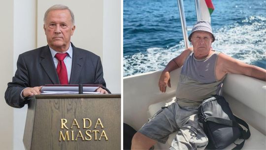 Zdjęcie przedstawia mężczyznę w garniturze i pod krawatem, obok zdjęcie w łódce