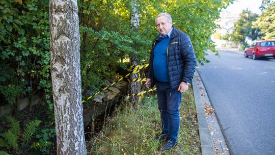mężczyzna stojący na trawniku przy ulicy między asfaltem a potokiem płynącym przez Os. Królów w Gorlicach