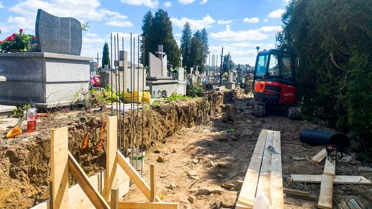 zdjęcie przedstawia plac budowy muru na Cmentarzu Parafialnym