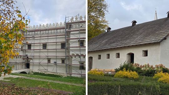 obiekt przy którym stoi rusztowanie, obok obiekt przykryty drewnianym dachem