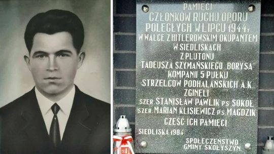 zdjęcie przedstawia czarno-biały portret mężczyzny, obok tablica pamiątkowa