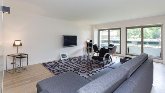 zdjęcie przedstawia wnętrze pokoju, na środku dywan, obok sofa i fotel