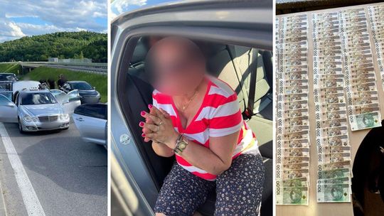 zdjęcie przedstawia samochód, kobietę siedzącą na tylnym siedzeniu i banknoty rozłożone na stole
