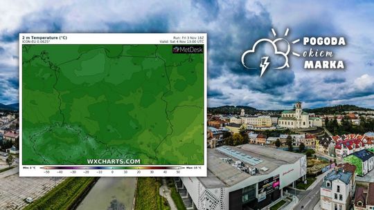 widok na gorlice z drona, po lewej stronie mapa pogody polski