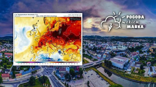 Widok z drona na Galerię Gorlicką i mapa pogody Europy