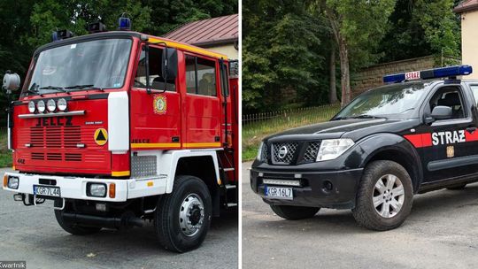 samochody straży pożarnej, jelcz i nissan, stojące na podjeździe