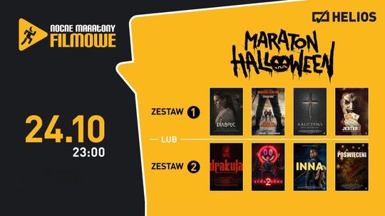 Zdjęcie przedstawia grafikę z rozdaniem na maraton halloween w kinie Helios