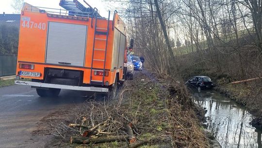 zdjęcie przedstawia samochód w potoku, obok straż pożarna