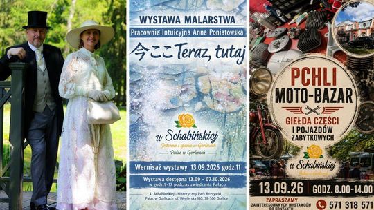 kobieta i mężczyzna w strojach z minionej epoki, plakaty w kolorze niebieckim i czerwono-czarnym