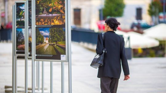 kobieta patrząca na zdjęcia wystawy na gorlickim rynku