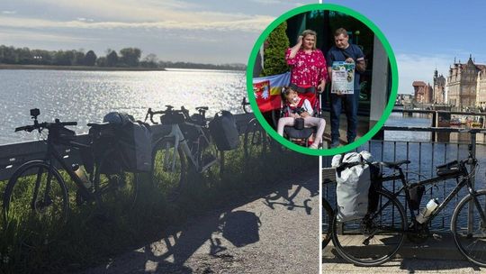 zdjęcie przedstawia rowery postawione przy drodze w tle rzeka i zabudowania miejskie, wyprawa gorlickich policjantów dla Milenki Ząber