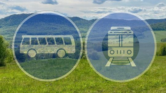 zdjęcie przedstawia łąki i wzniesienia beskidu niskiego, na pierwszym planie znak graficzny autobusu i pociągu