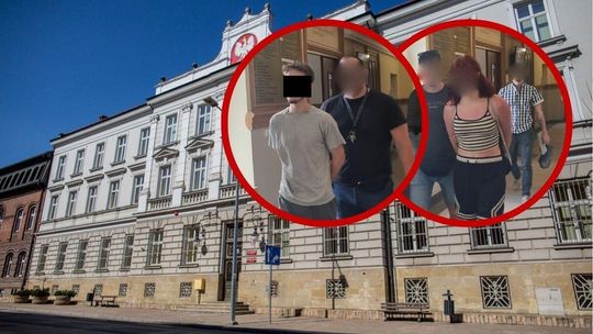 zdjęcie przedstawia budynek w mieście gorlice, obok dwa zdjęcia osób na czerwonym tle