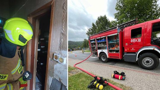 zdjęcie przedstawia wnętrze spalonego pomieszczenia, obok samochód strażacki