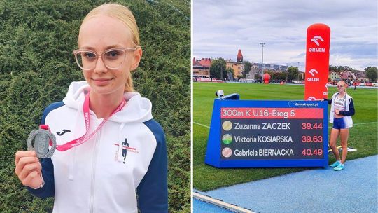 portret dziewczyny z medalem w ręce, obok ta sama dziewczyna obok tablicy świetlnej
