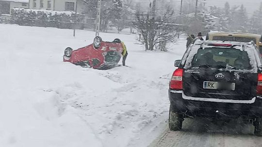 zdjęcie przedstawia samochód na dachu w rowie w śniegu