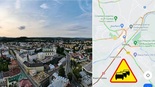 Centrum Gorlic z drona i mapa google z natężeniem ruchu ulicznego z 5 września o godz. 8.12