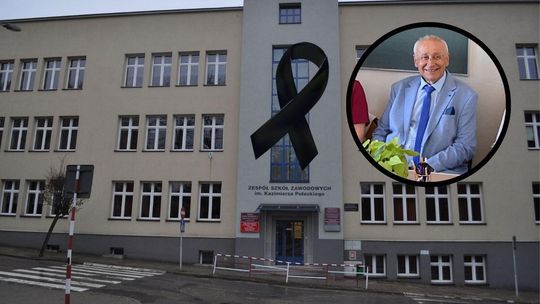 zdjęcie przedstawia budynek szkoły o czarno-biały portret mężczyzny