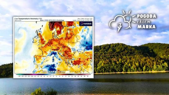 widok na zbiornik wodny i wzgórze koło niego, obok grafika rozkładu temperatury w europie