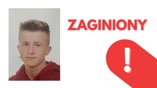 zdjęcie przedstawia kolorowy portret chłopaka, obok wykrzyknik i napis zaginiony