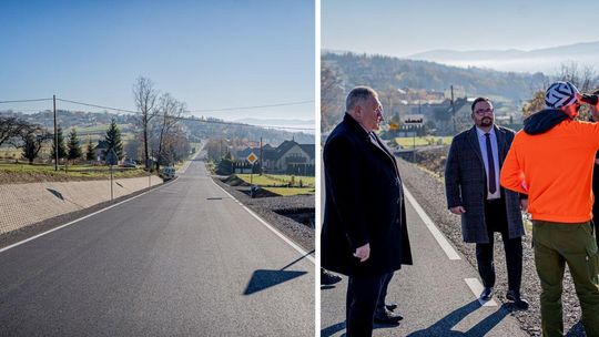 Zdjęcie przedstawia wyremontowaną drogę i przedstawicieli władz