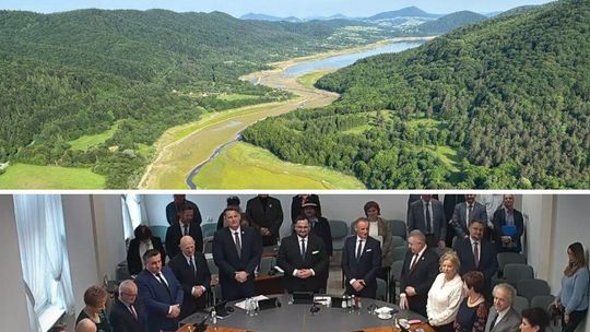 zdjęcie przedstawia widok z góry na jezioro poniżej drugie zdjęcie osób stojących przy stole