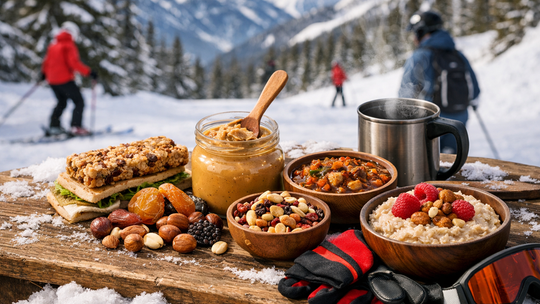 zdjęcie przedstawia stół ze słoikami i żywnością, w tle stok narciarski