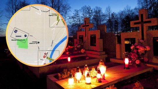 Zdjęcie przedstawia mapkę dojazdową oraz cmentarz