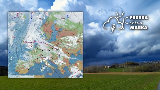 Ciemne burzowe chmury i Łąka a obok grafika pogody Europy