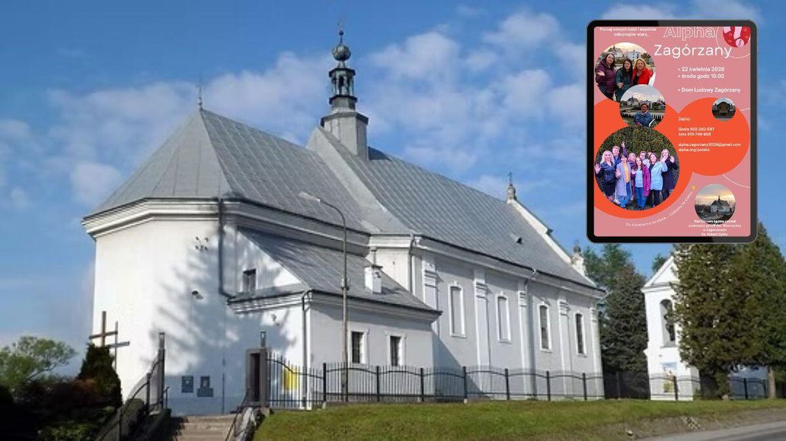 Zdjęcie przedstawia plakat promujący wydarzenie oraz Parafię św. Wawrzyńca w Zagórzanach