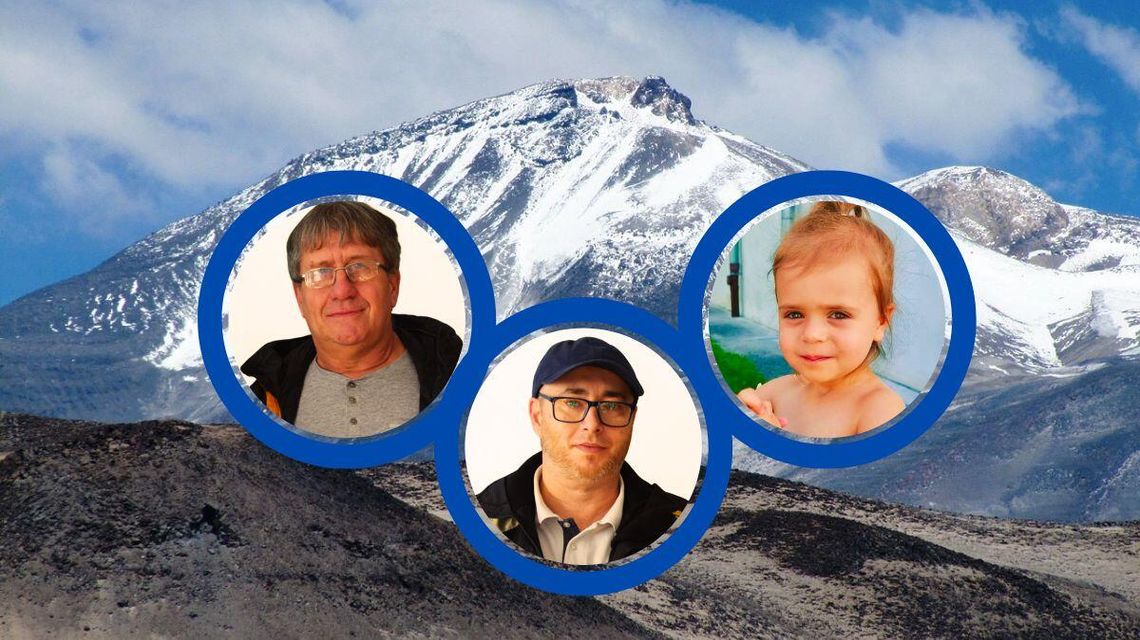 zdjęcie przedstawia górę pokrytą śniegiem, na pierwszym planie portrety osób