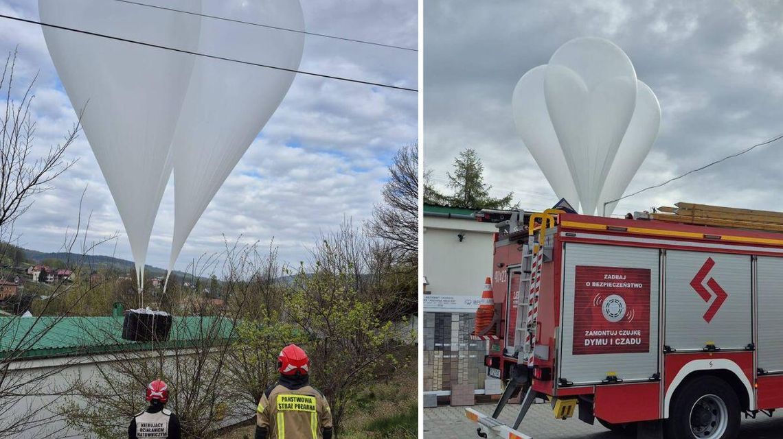 zdjęcie przedstawia balon i strażaków, obok samochód strażacki