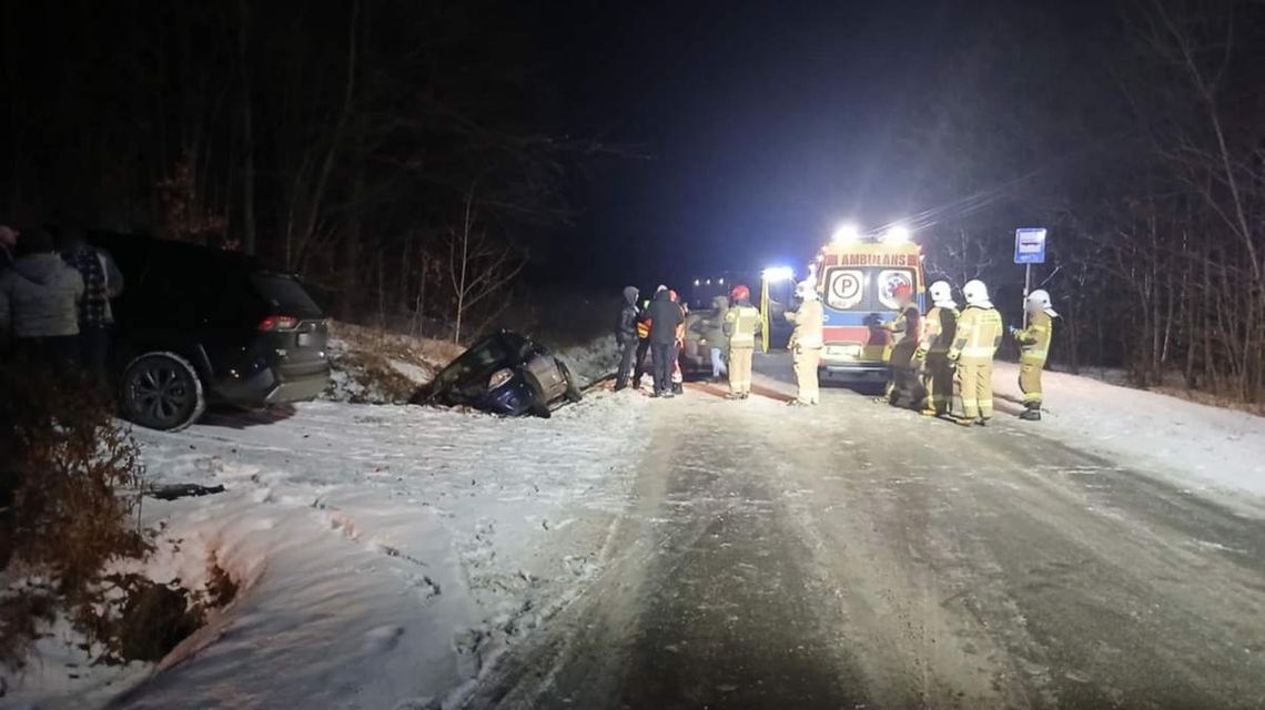 zdjęcie przedstawia strażaków stojących przy karetce pogotowia na drodze w nocy