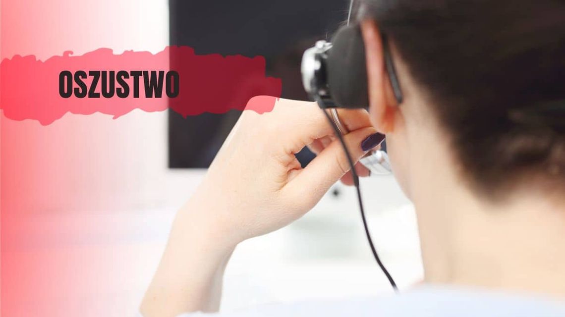 operator telefonu z prawej strony z lewej strony na czerwonym tle ciemny napis "oszustwo"