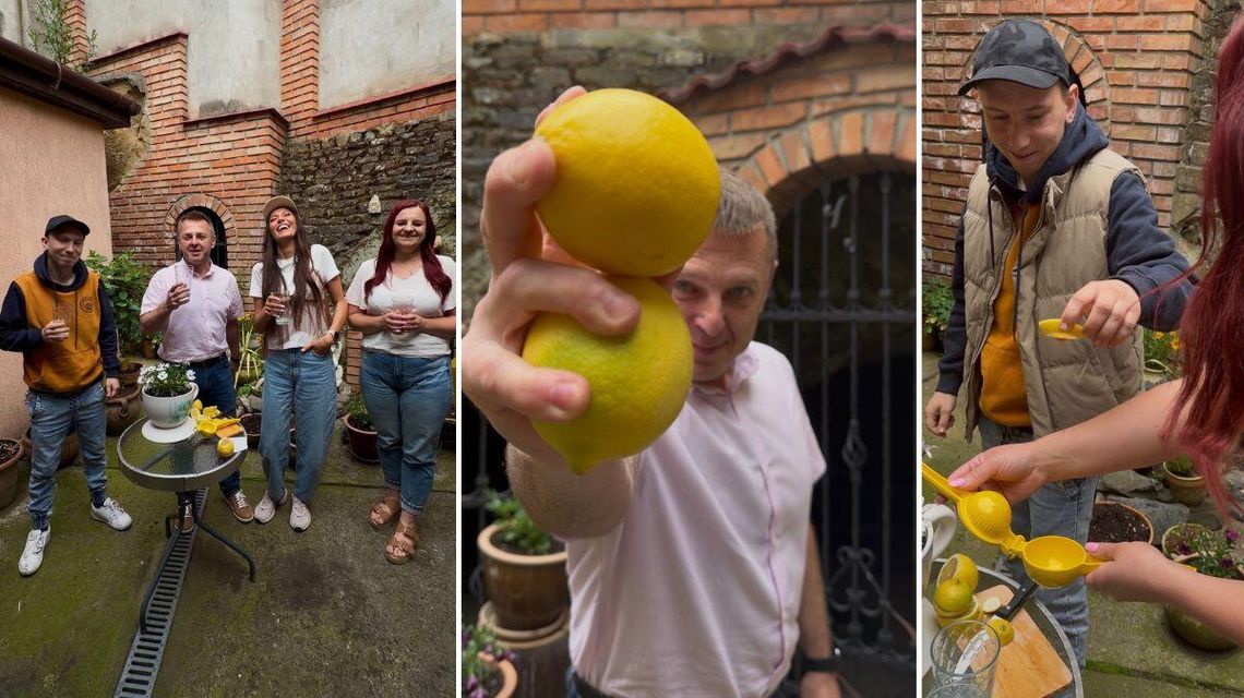 zdjęcie przedstawia cztery osoby trzymające cytryny
