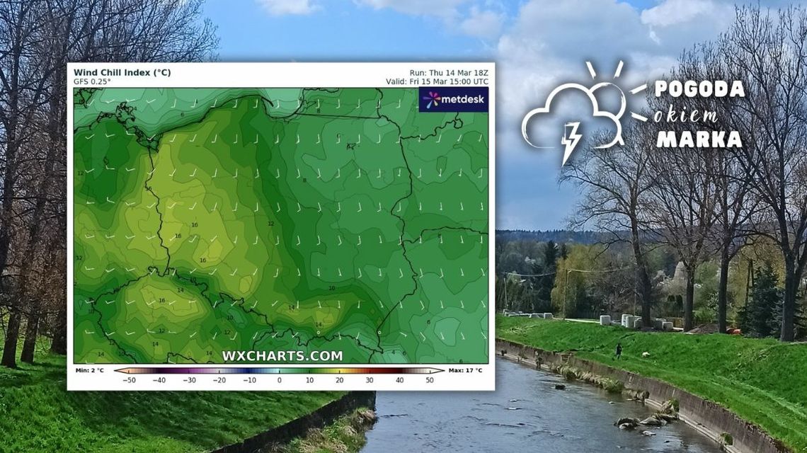 brzeg rzeki ropy i koryto rzeki nabrzeża, obok grafika mapy pogody polski
