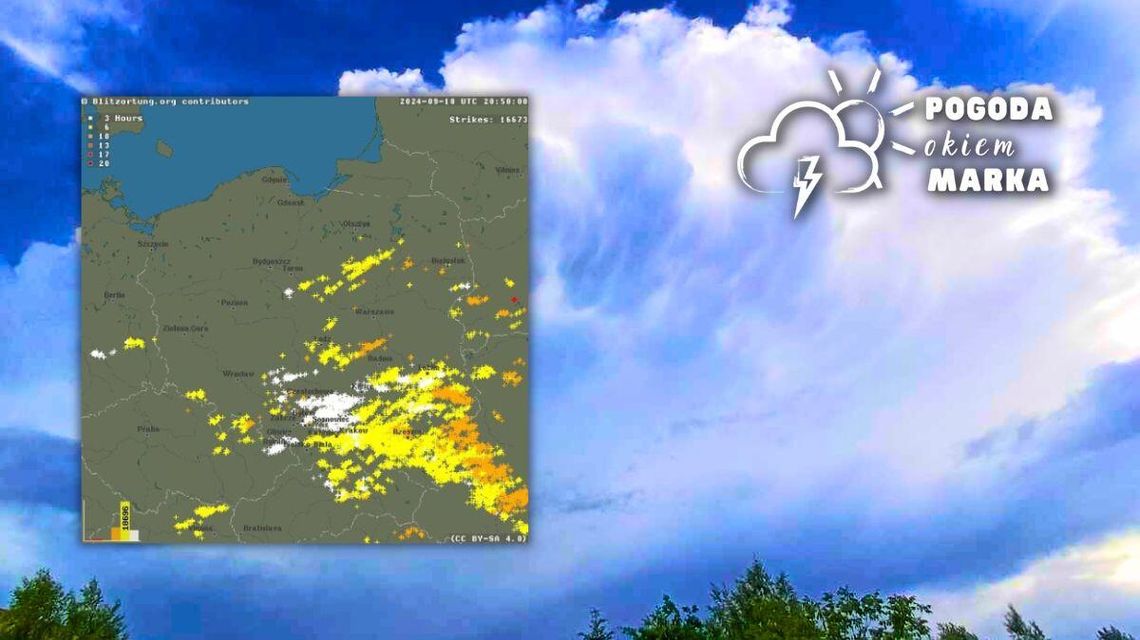 chmura na niebie, obok mapa wyładowań atmosferycznych w Europie